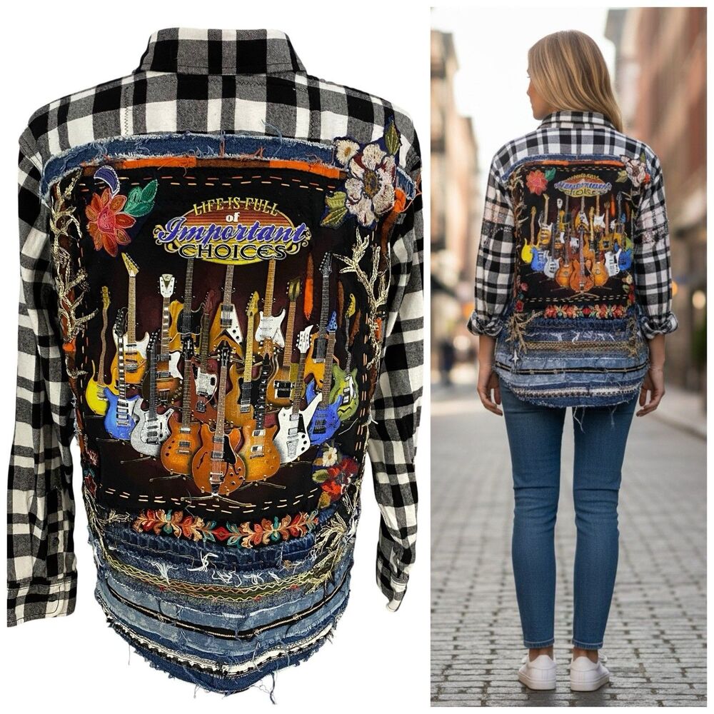 Upcycled Flannel Jacket Shacket Mens XL Guitar Music Embroidered Festival OOAK